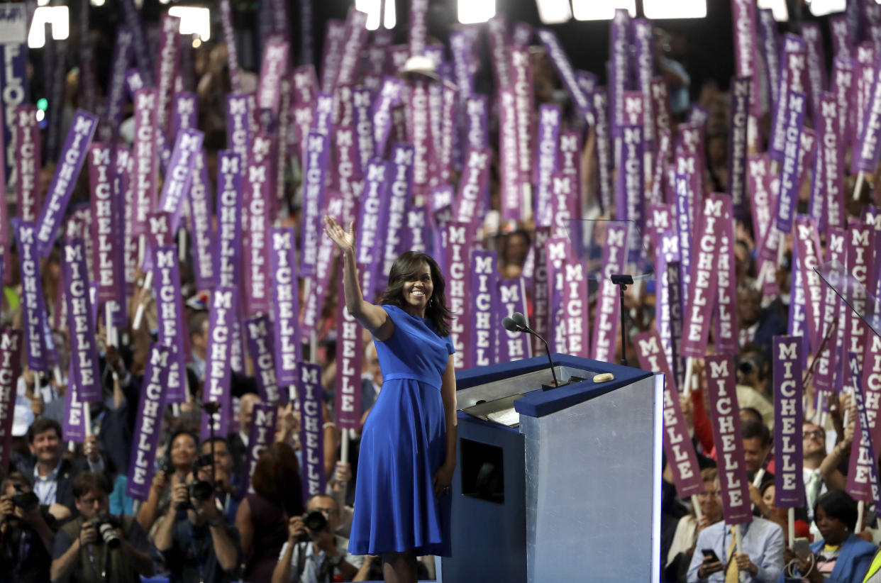 Michelle Obama revealed her instantly famous motto ― "When they go low, we go high" ― at the Democratic National Convention in 2016. (Photo: ASSOCIATED PRESS)