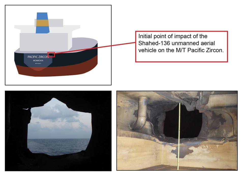 Graphic illustration and images captured by a U.S. Navy explosive ordnance disposal team aboard M/T Pacific Zircon, Nov. 16, showing the location where an Iranian-made unmanned aerial vehicle (UAV) penetrated M/T Pacific Zircon’s outer hull during an attack Nov. 15. The one-way UAV attack tore a 30-inch-wide hole in the outer hull on the starboard side of the ship’s stern, just below the main deck.