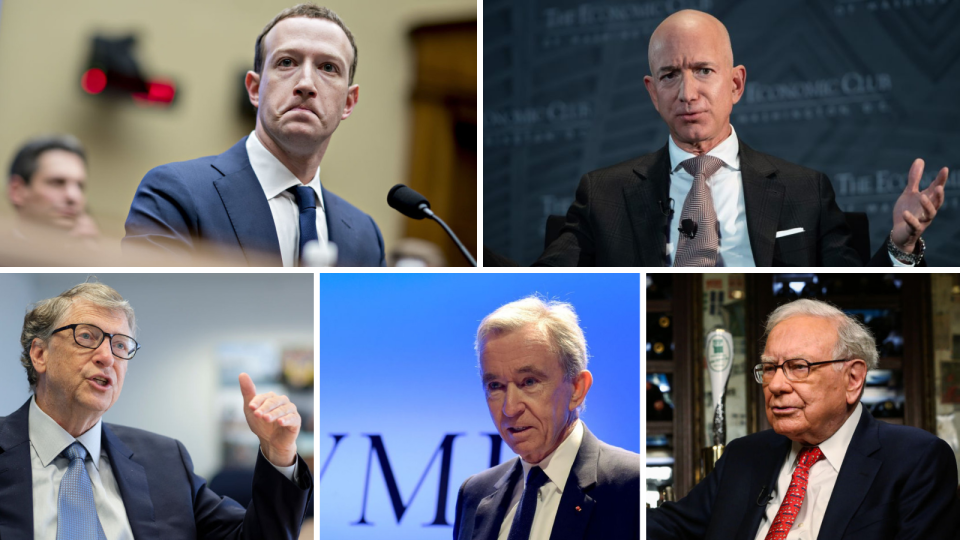 Five of the world's wealthiest men, Mark Zuckerberg, Jeff Bezos, Bill Gates, Bernard Arnault, and Warren Buffett, all saw billions wiped off their personal fortune after Monday's stock market bloodbath. (Source: Getty)