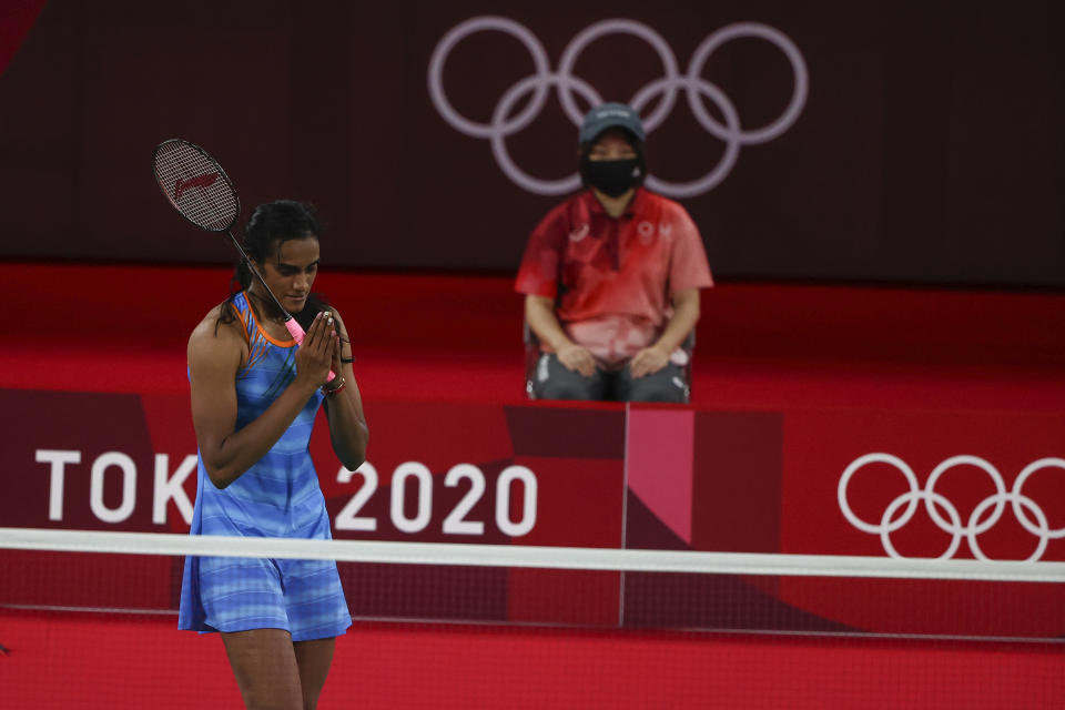 Tokyo 2020 Olympics - Badminton - Women's Singles - Bronze medal match - MFS - Musashino Forest Sport Plaza, Tokyo, Japan – August 1, 2021.  P.V. Sindhu of India gestures after winning her match against He Bingjiao of China. REUTERS/Hamad I Mohammed