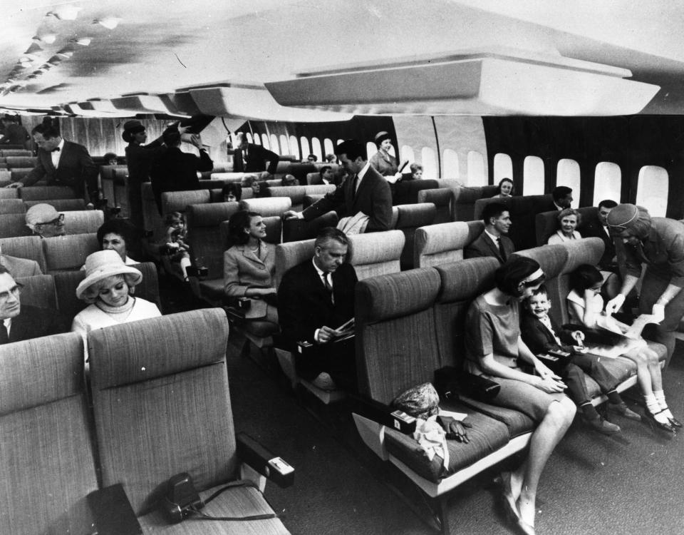 A full-sized mock-up of Boeing's 747 aircraft complete with passengers in 1968.