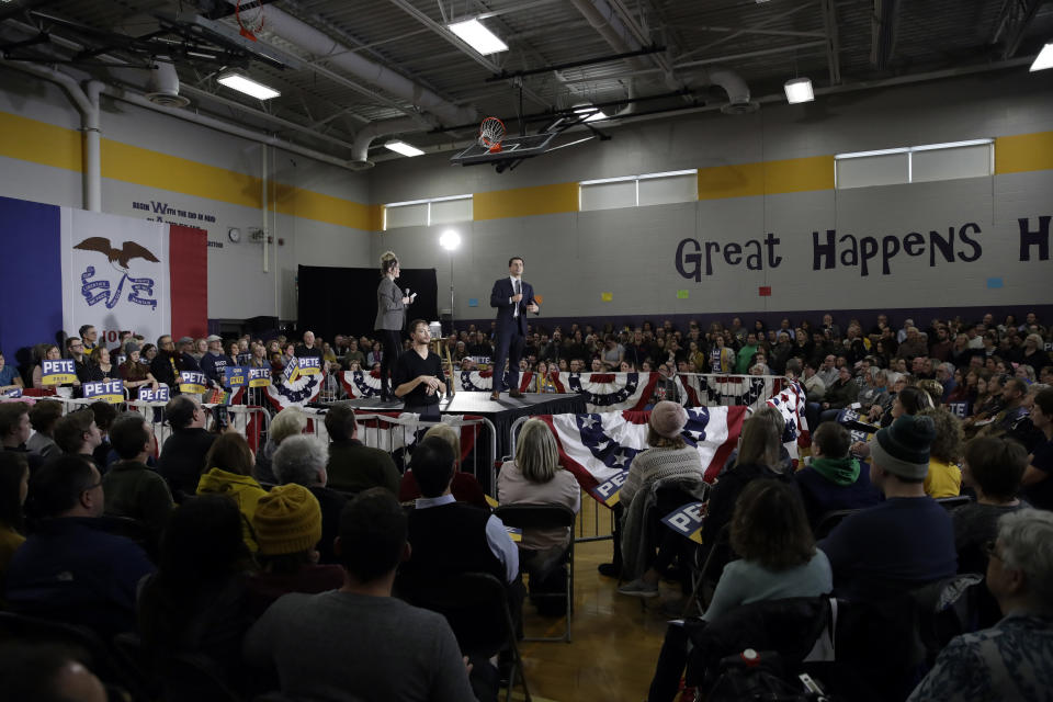 Democratic presidential candidate former South Bend, Ind., Mayor Pete Buttigieg speaks during a campaign event Sunday, Jan. 26, 2020, in Des Moines, Iowa. (AP Photo/Marcio Jose Sanchez)