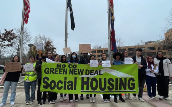 BIPOC interns call for social housing and rent stabilization at rally in front of the Montgomery County Council building. (Em Espey)