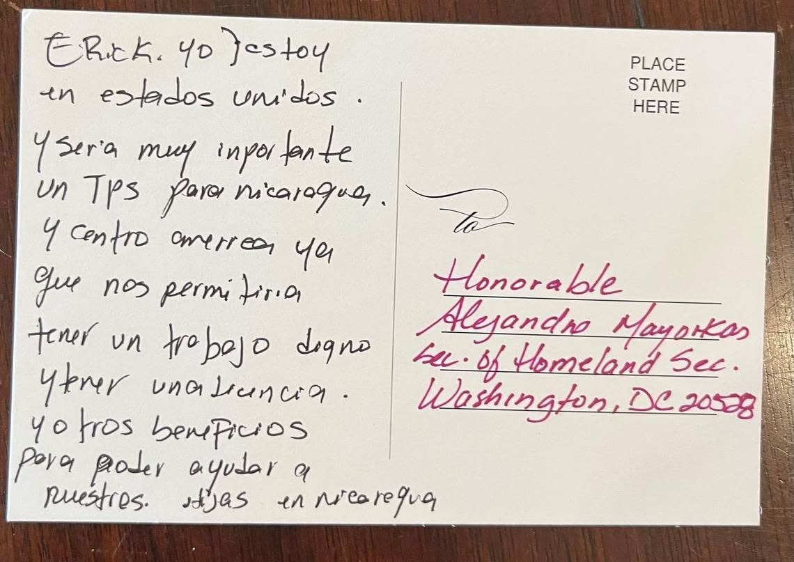 One of the postcards from a South Florida campaign asking Department of Homeland Secretary Alejandro Mayorkas to grant Temporary Protected Status, a form of immigration relief, to Nicaragua and other Central American nations.