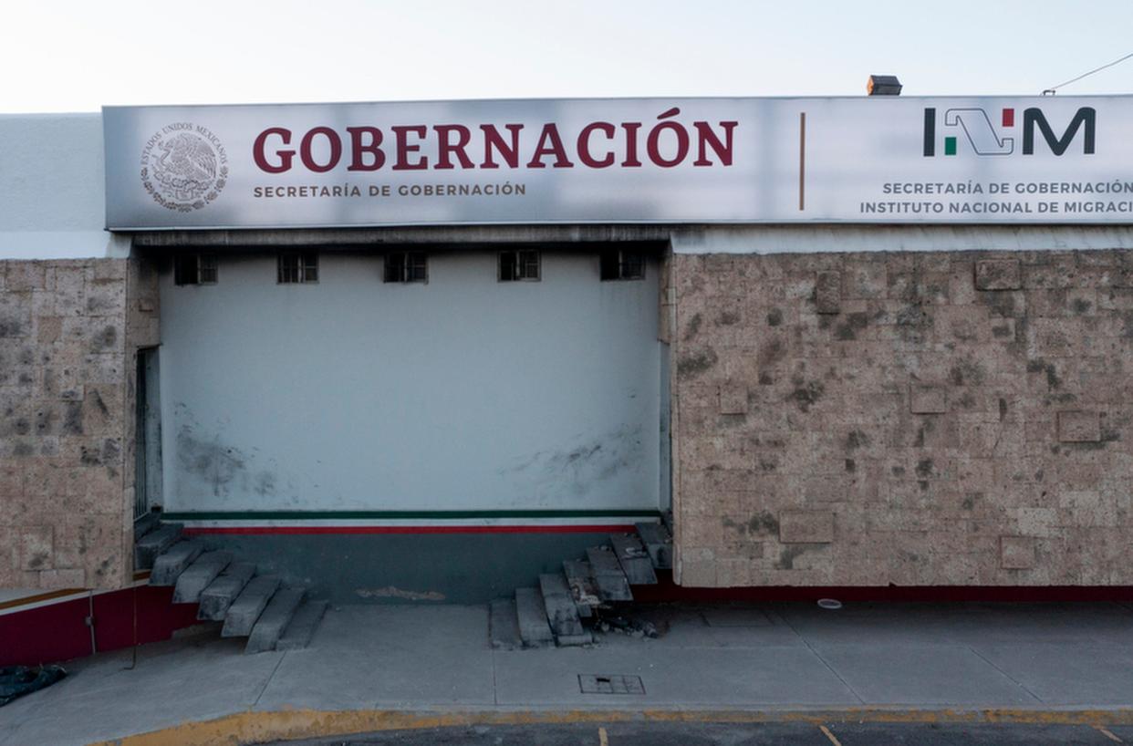 Smoke stains are visible on the Mexican migrant facility in Ciudad Juárez where dozens of migrants died on March 27, 2023. This drone photo was taken nearly a year after the tragedy on March 22, 2024.