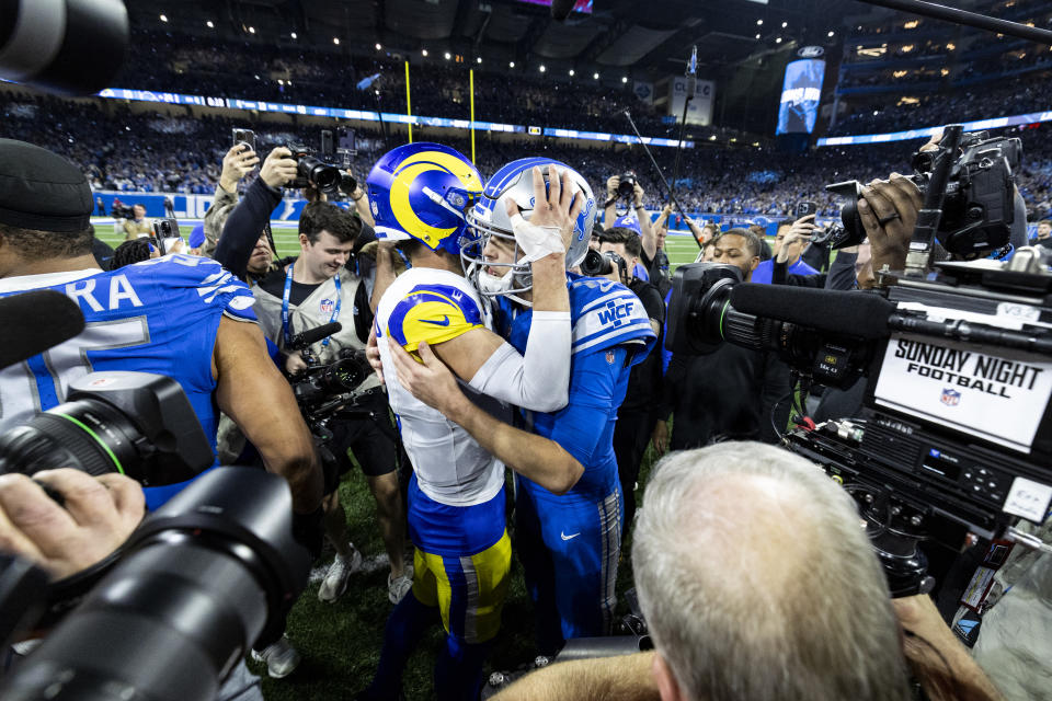 Jared Goff has already accomplished something Matthew Stafford did not accomplish with a playoff win in his career with the Detroit Lions.  (Photo by Laurent Le Bacho/Getty Images)