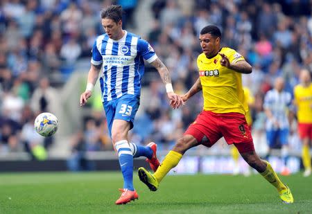 Football - Brighton & Hove Albion v Watford - Sky Bet Football League Championship - The American Express Community Stadium - 25/4/15 Brighton's Greg Halford (L) in action with Watford's Troy Deeney Mandatory Credit: Action Images / Adam Holt Livepic EDITORIAL USE ONLY.