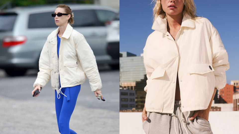 whitney port wearing white free people jacket and blue leggings, Whitney Port in Free People's Off The Bleachers Coaches Jacket (Photos via Getty & Free People)