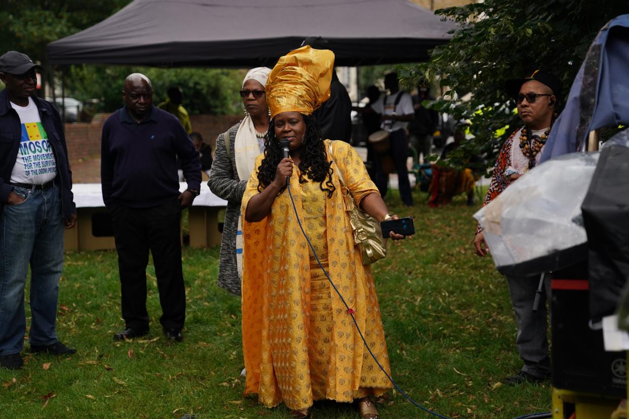 Esther Stanford-Xosei speaks at the Emancipation Day gathering at Max Roach Park in Brixton (Steve Parsons/PA) (PA Wire)
