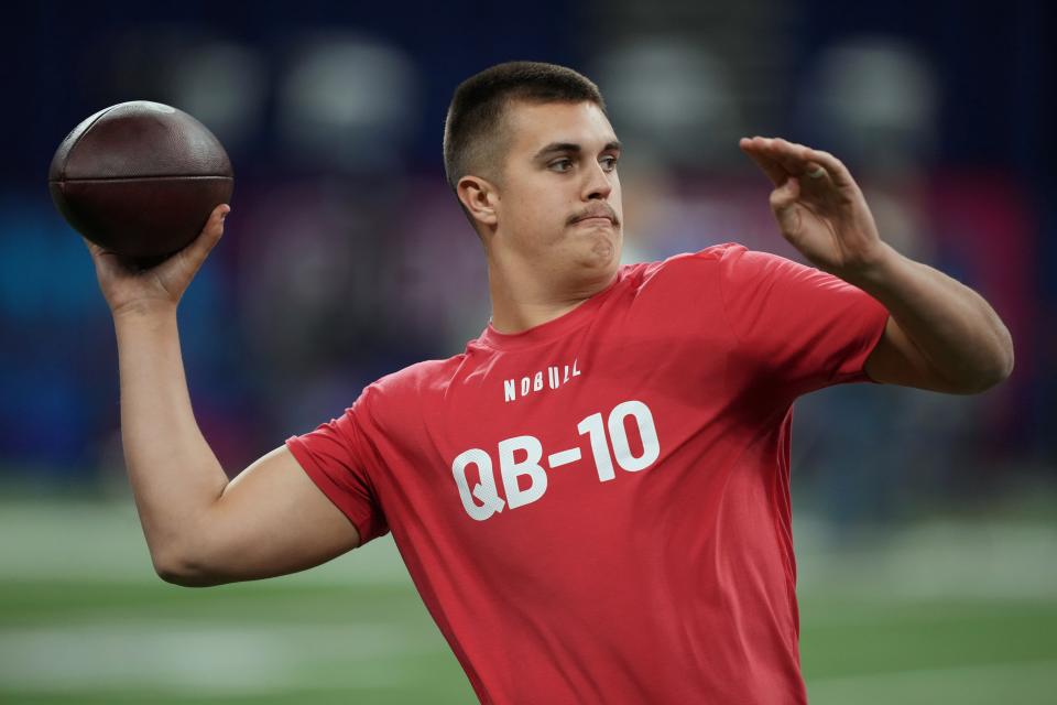 Mar 4, 2023; Indianapolis, IN, USA; Purdue quarterback Aidan O'Connell (QB10) participates in drills at Lucas Oil Stadium. Mandatory Credit: Kirby Lee-USA TODAY Sports