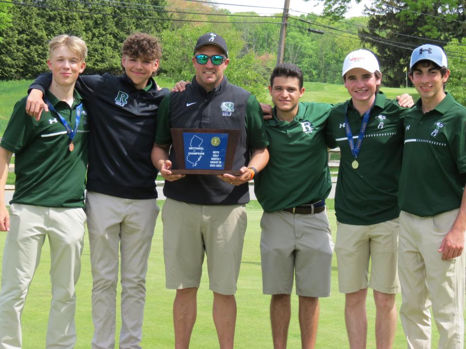 Ramapo won the overall title at the North 1 and 2, Group 3 sectional golf championship at Preakness Valley GC in Wayne on Tuesday, May 9. From left: Henry Nord, Jack Sposa, coach Brian Gogerty, Alex Jolakian, Harry Cohen and Jordan Weiss.