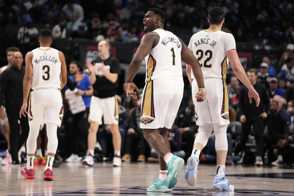 New Orleans Pelicans forward Zion Williamson yells in the direction of the Dallas Mavericks bench as he walks off the court during a time out in the first half of an NBA basketball game in Dallas, Monday, Jan. 15, 2024. (AP Photo/Tony Gutierrez)