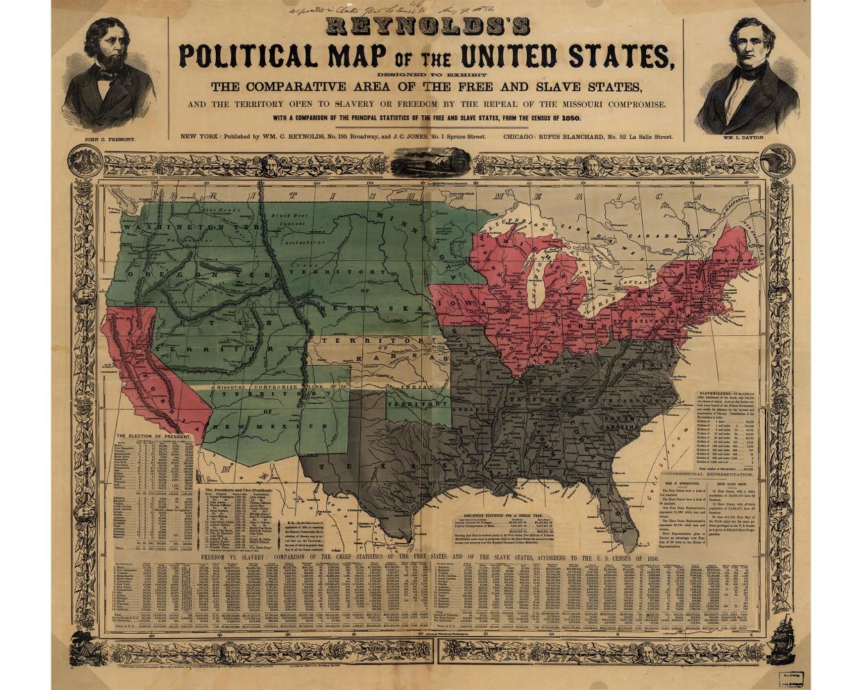 US map 1856 shows free and slave states and populations
