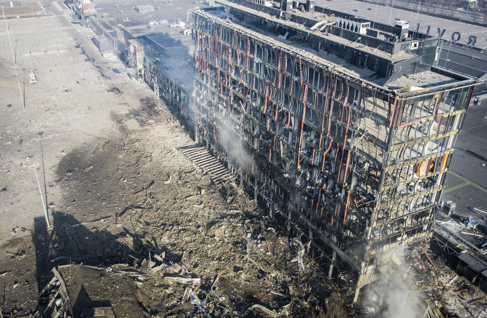 KYIV, UKRAINE - MARCH 21: An aerial view of the completely destroyed shopping mall after a Russian shelling in Kyiv, Ukraine on March 21, 2022. (Photo by Emin Sansar/Anadolu Agency via Getty Images)