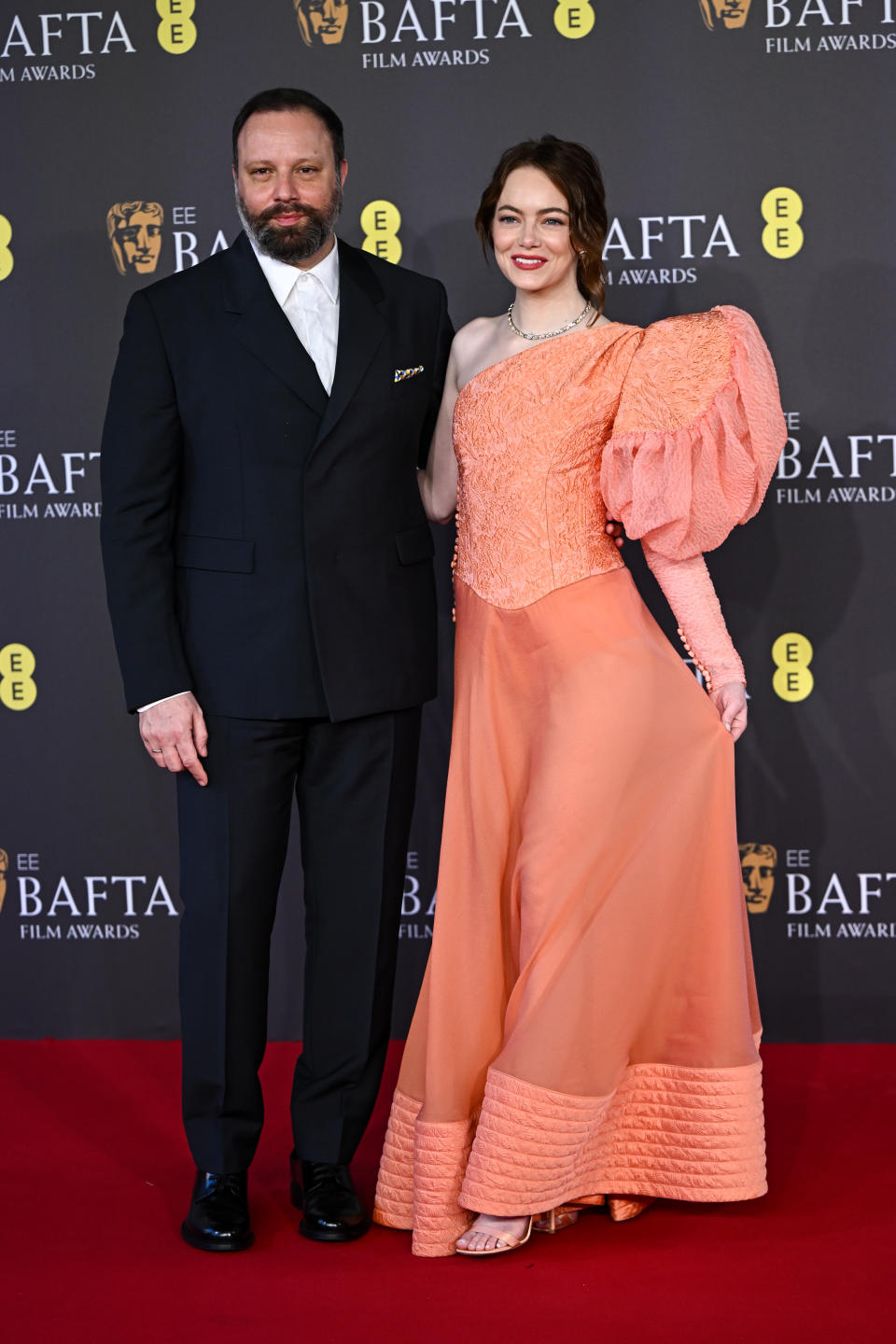 LONDON, ENGLAND - FEBRUARY 18: Yorgos Lanthimos and Emma Stone attend the 2024 EE BAFTA Film Awards at The Royal Festival Hall on February 18, 2024 in London, England. (Photo by Stephane Cardinale - Corbis/Corbis via Getty Images)