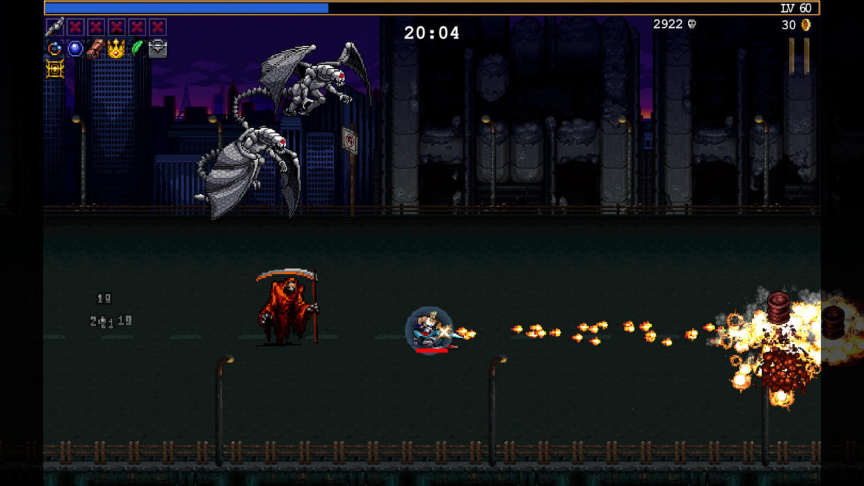  Vampire Survivors character riding a Contra Jetbike. 