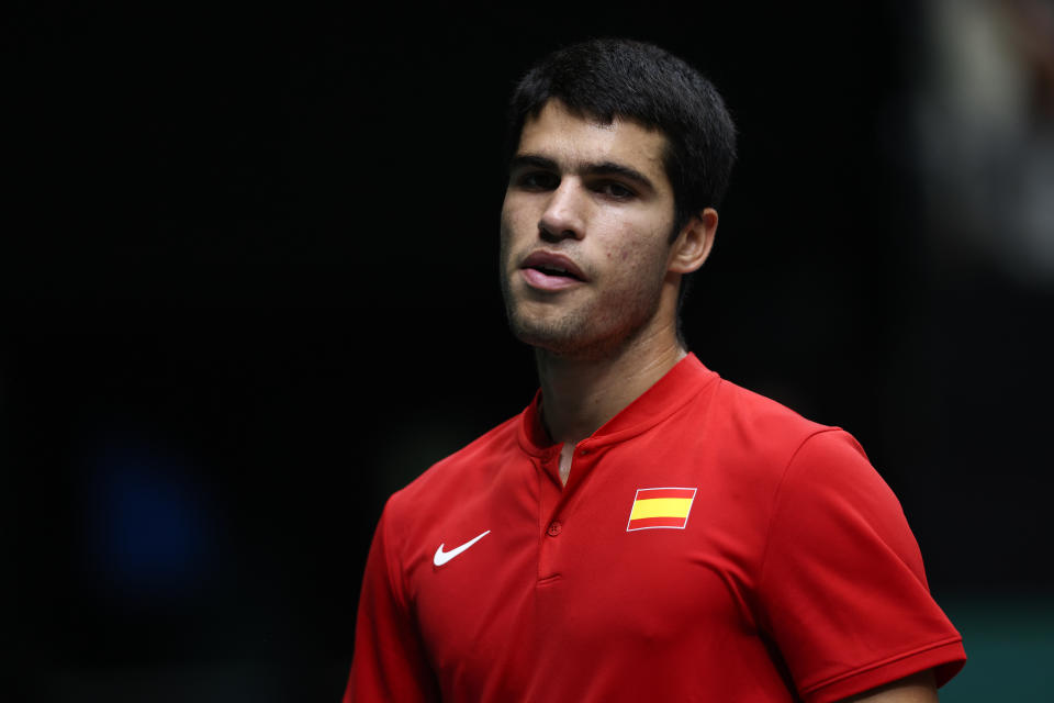 VALENCIA, SPAIN - SEPTEMBER 18: Carlos Alcaraz of Spain in action against Soonwoo Kwon of Korea during the Davis Cup by Rakuten 2022, Finals Group B, tennis match 2 played between Spain and Korea at Fuente de San Luis pavilion on September 18, 2022, in Valencia, Spain. (Photo By Oscar J. Barroso/Europa Press via Getty Images)