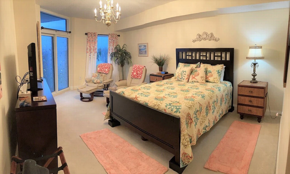 Bedroom at Ocean Blue 202 condo in Central Myrtle Beach. Screenshot of listing. January 5, 2022.