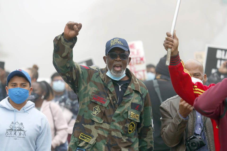 Lake County Black Lives Matter founder Clyde McLemore of Zion leads a protest rally for Marcellis Stinnette who was killed by Waukegan Police last Tuesday in Waukegan, Ill., Thursday, Oct. 22, 2020. Stinnette was killed and his girlfriend and mother of his child, Tafara Williams, was wounded when a police officer in Waukegan opened fire Tuesday night after police said Williams' vehicle started rolling toward the officer following a traffic stop. (Brian Hill/Daily Herald via AP)