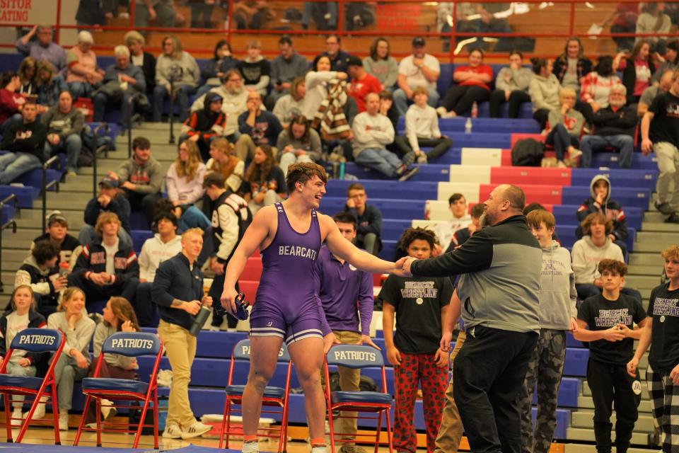 Muncie Central's Titus Waters won the heavyweight division in the Jay County boys wrestling regional meet on Saturday, Feb. 4, 2023.