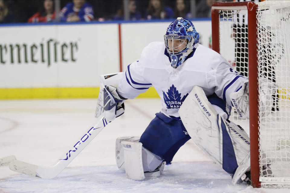 Toronto Maple Leafs goaltender Frederik Andersen defends his net during the second period of an NHL hockey game against the New York Rangers, Friday, Dec. 20, 2019, in New York. (AP Photo/Frank Franklin II)