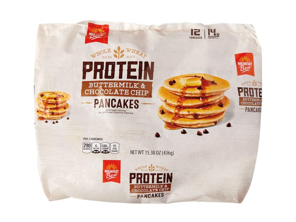 Breakfast Best protein buttermilk and chocolate chip pancake mix in a beige bag with an image of pancakes on it