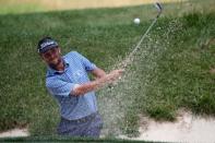 Jul 2, 2017; Potomac, MD, USA; Spencer Levin plays from a bunker on the seventh hole during the final round of the Quicken Loans National golf tournament at TPC Potomac at Avenel Farm. Mandatory Credit: Peter Casey-USA TODAY Sports