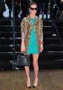 <b>Nicky Hilton </b><br><br>The socialite went for a green mini dress, paired with two tone heels and a leopard print jacket.<br><br>© Rex