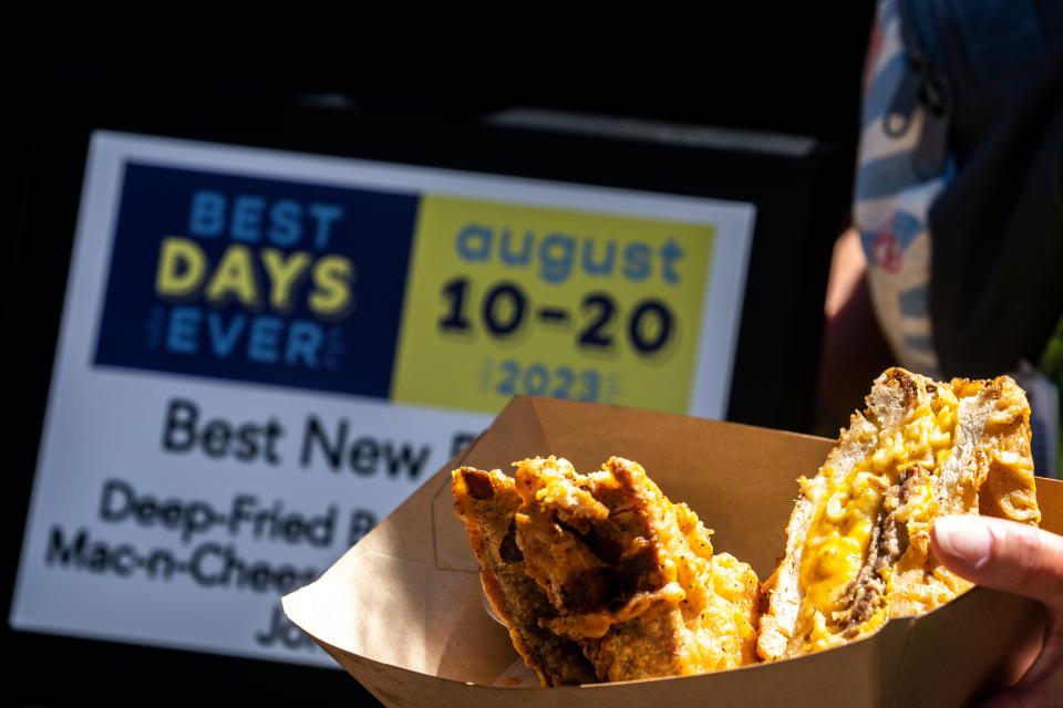 A closeup of the deep-fried bacon brisket mac-n-cheese grilled cheese.