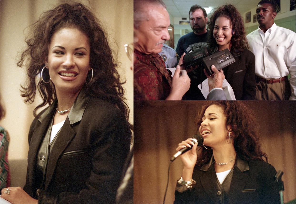 LEFT: Selena Quintanilla Pérez visited Cunningham Middle School on Nov. 14, 1994 to present an educational video on staying in school called "Selena Agrees." TOP RIGHT: Journalist Victor Lara Ortegon interviews Selena in the school hallway. BOTTOM RIGHT: When the video had technical problems, Selena sang a verse of "Amor Prohibido" to entertain the crowd.