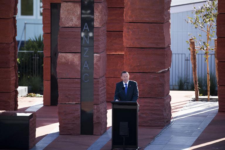 Prime Minister of Australia Tony Abbott speaks during the dedication of the Australia Anzac memorial, at Pukeahu National War Memorial Park in Wellington, New Zealand, on April 20, 2015