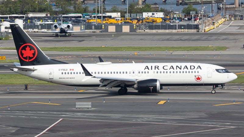 Air Canada Boeing 737-8 MAX aircraft as seen landing and taxiing at New York LaGuardia International Airport.