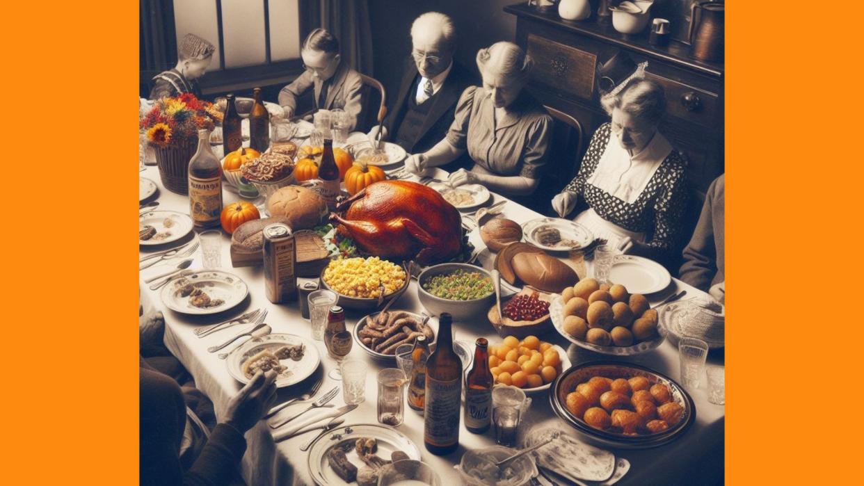 Image of a Depression-era Thanksgiving meal with turkey and sides surrounded by a family in black and white