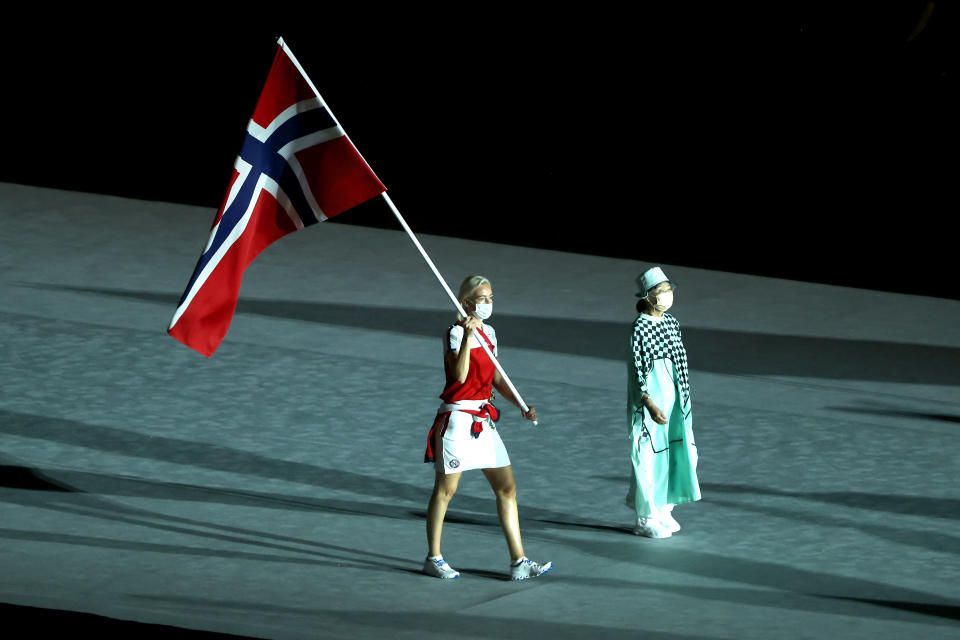 TOKYO, JAPAN - AUGUST 08: Flag bearer Katrine Lunde of Team Norway during the Closing Ceremony of the Tokyo 2020 Olympic Games at Olympic Stadium on August 08, 2021 in Tokyo, Japan. (Photo by Alexander Hassenstein/Getty Images)