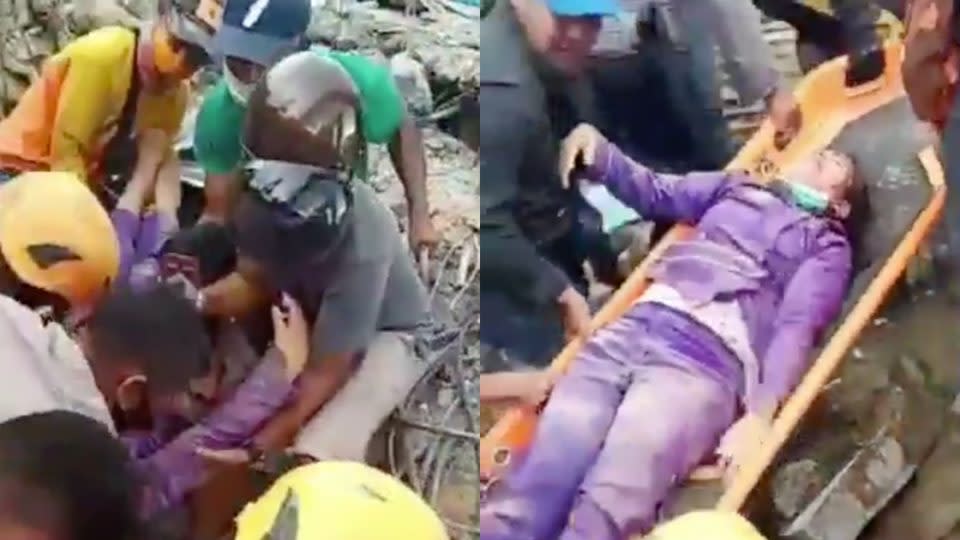 <p>印尼15日發生6.2級強震，一間醫院在地震中被震垮，導致8名未及時逃出的人員受困於瓦礫堆下。（圖／翻攝自推特影片）</p>

