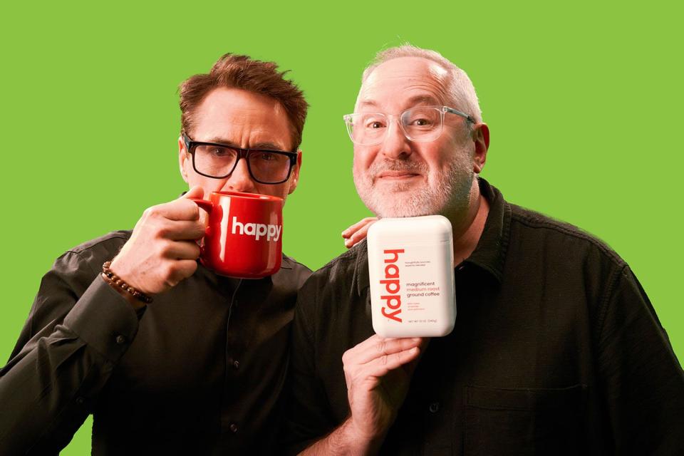 <p>Happy</p> Robert Downey Jr. and cofounder Craig Dubitsky with their Happy coffee.