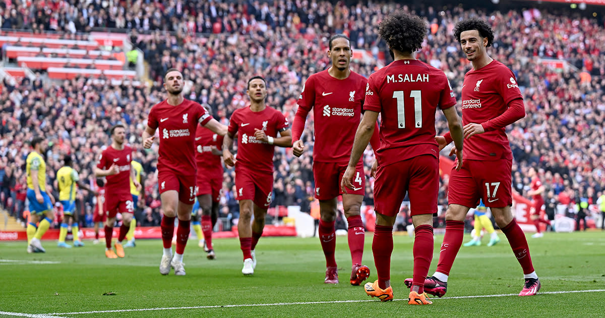  Liverpool celebrates after scoring the third goal during the Premier League match between Liverpool FC and Nottingham Forest at Anfield on April 22, 2023 in Liverpool, England. 