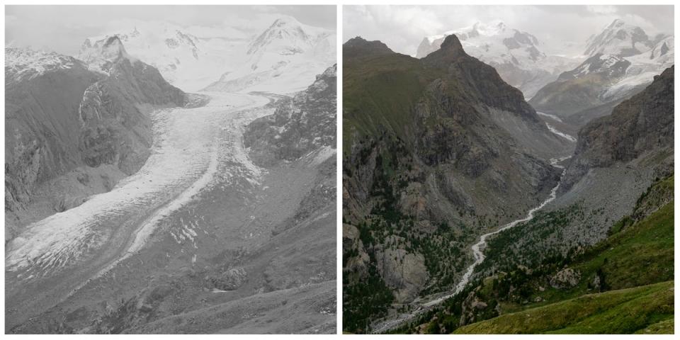 The Gorner glacier in the Swiss alps, as seen in 1930 (left) and 2022 (right) (swisstopo/VAW, ETH Zurich)