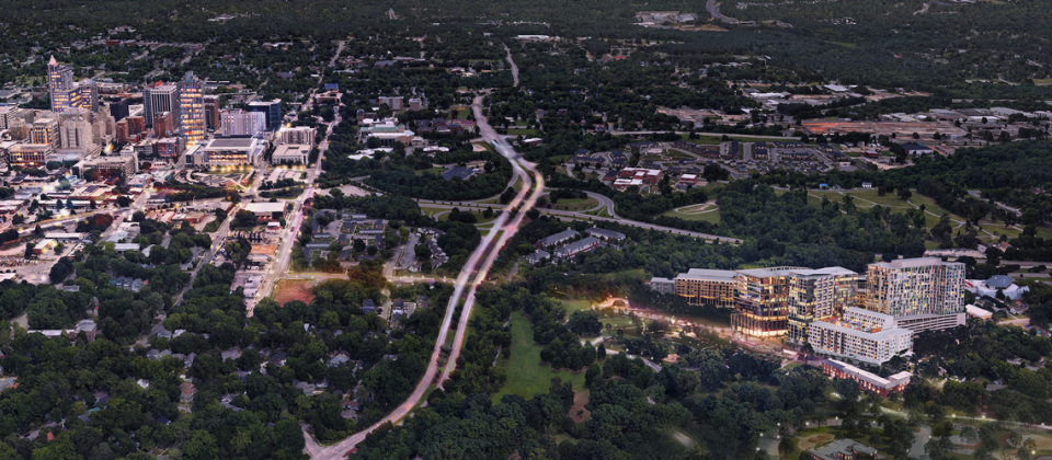 An aerial of The Weld, a 1,200-unit mixed-used neighborhood at the southern edge of the 308-acre Dorothea Dix Park.