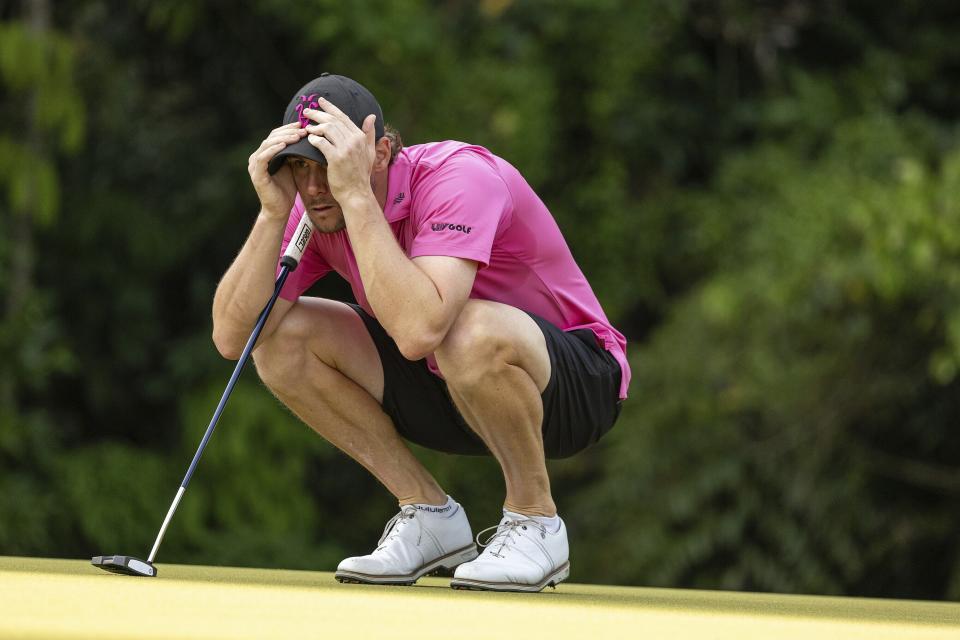 Thomas Pieters, of RangeGoats GC, watches his putt on the first green during the final round of LIV Golf Singapore at Sentosa Golf Club on Sunday, May 5, 2024 in Sentosa, Singapore. (Doug DeFelice/LIV Golf via AP)