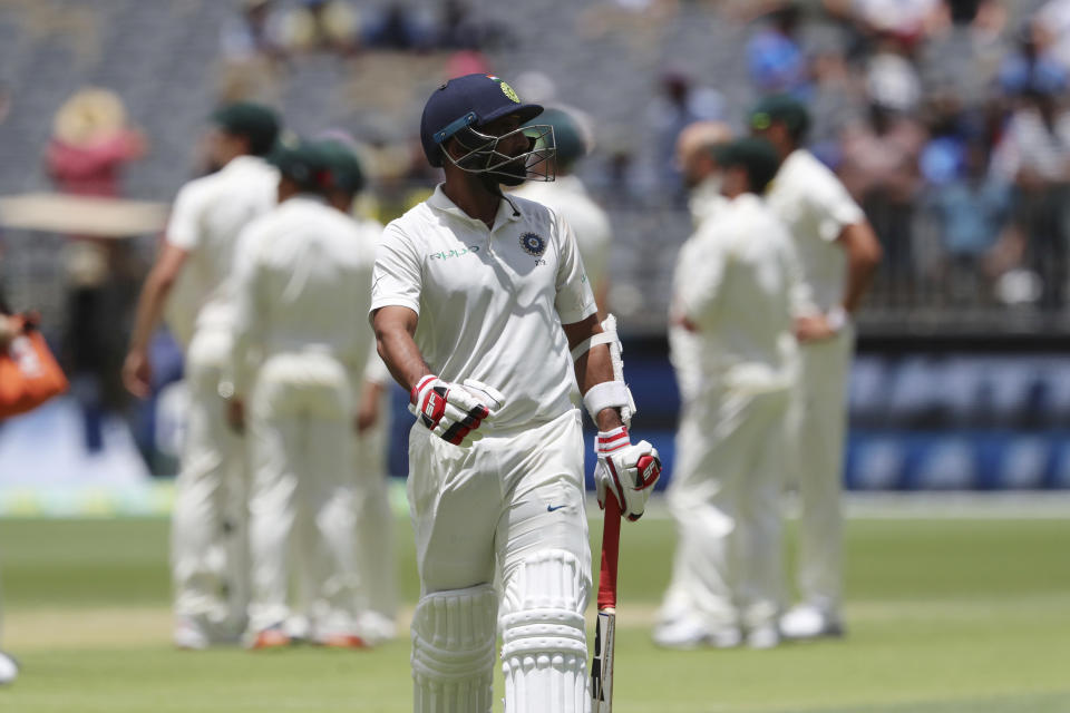 India's Mohammed Shami walks off the ground after being dismissed during play in the second cricket test between Australia and India in Perth, Australia, Sunday, Dec. 16, 2018. (AP Photo/Trevor Collens)