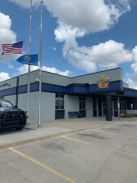 The Pittsburg County Sheriff's Office in McAlester is shown on a day with high winds.