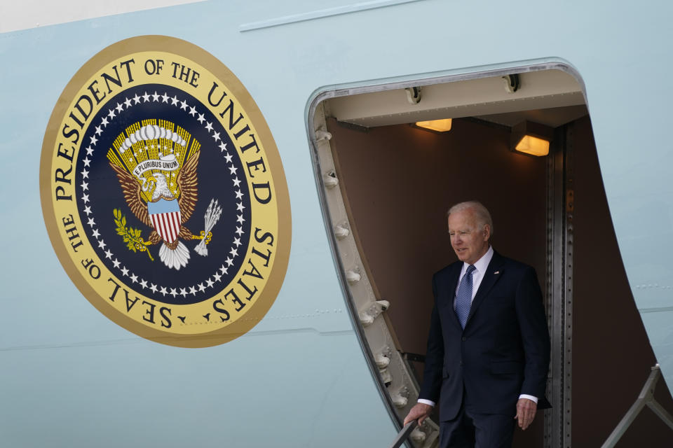 President Joe Biden steps off Air Force One at Portsmouth International Airport at Pease in Portsmouth, N.H., Tuesday, April 19, 2022. Biden is in New Hampshire to promote his infrastructure agenda. (AP Photo/Patrick Semansky)