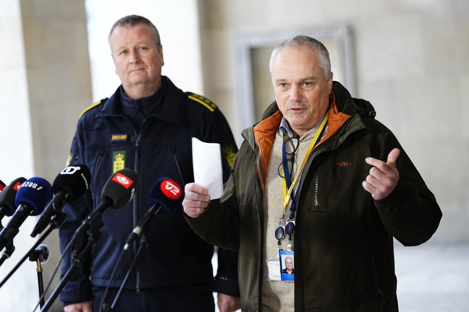 Chief police inspector and operational chief of PET Flemming Drejer, right, and senior police inspector and head of emergency services in Copenhagen Police Peter Dahl give a press briefing on coordinated police action, at the police station in Copenhagen, Denmark, Thursday Dec. 14, 2023. PET and a number of the country's police circles have early Thursday morning made arrests in a coordinated action several places in Denmark. The operation was carried out on the basis of suspicion of preparation for a terrorist attack. (Martin Sylvest/Ritzau Scanpix via AP)