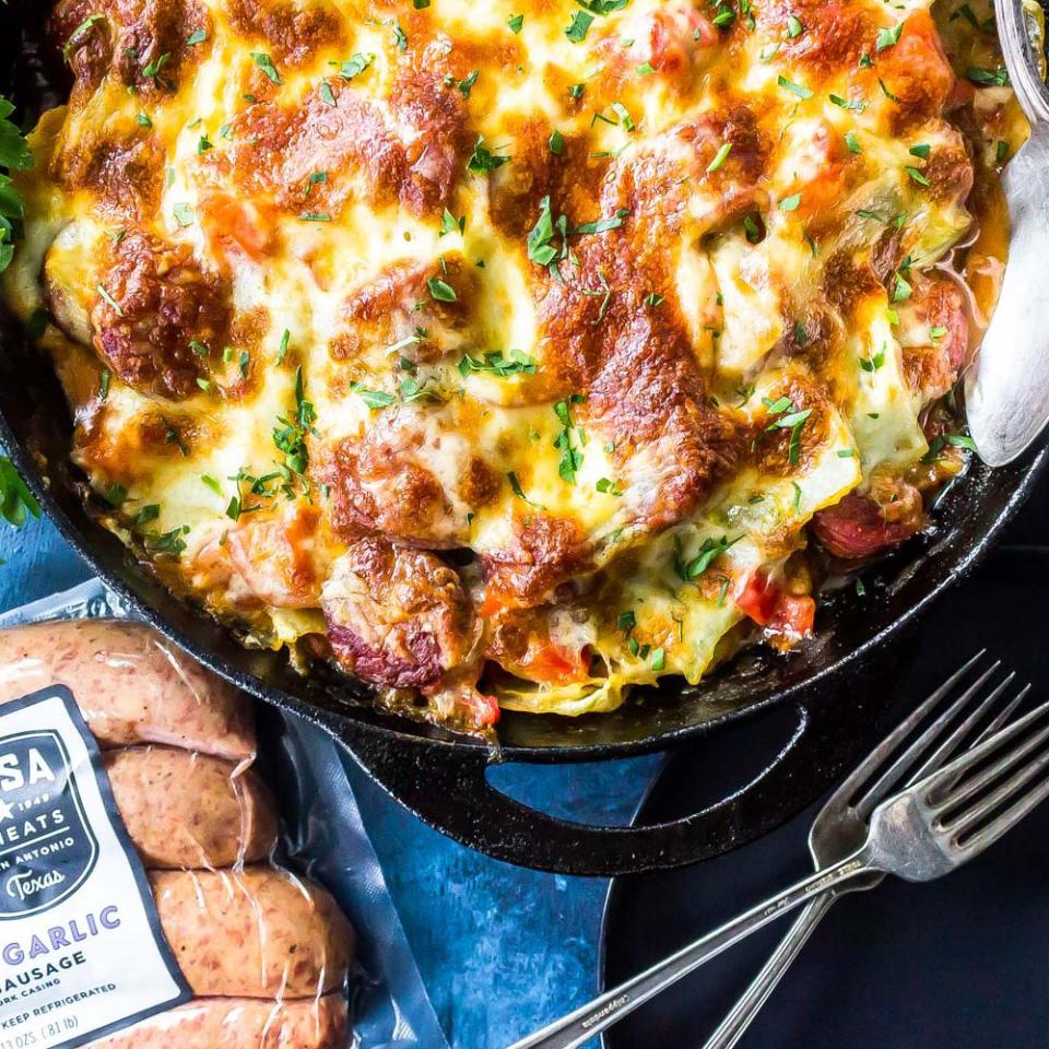 Keto Cheesy Cabbage Sausage Skillet