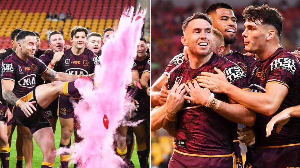 Darius Boyd is seen here making a gender reveal about his baby after the match.