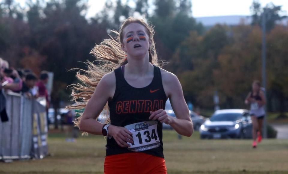 Central High senior Keira Sorenseon placed second (19:13.39) in Division III at the CIF Central Section cross country championships at Woodward Park on Nov. 16, 2023.