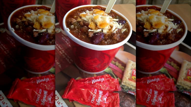 Tub of Wendy's Chili with cheese