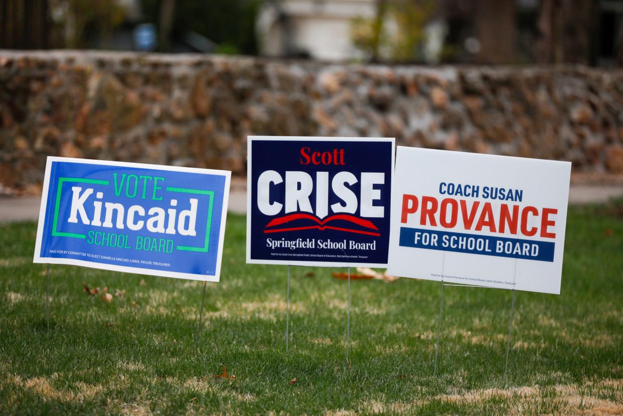 Campaign signs for candidates running for the Springfield Public Schools Board of Education on Tuesday, March 26, 2024.