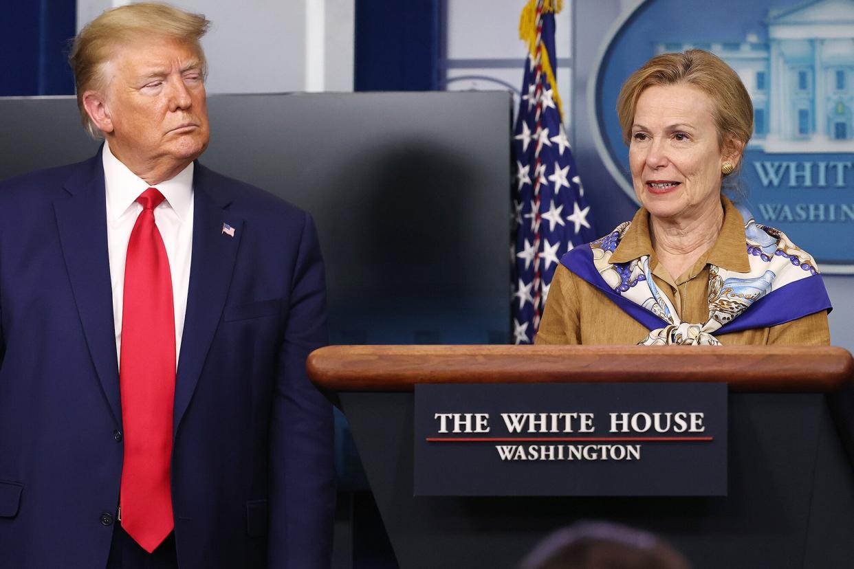 WASHINGTON, DC - APRIL 06: White House coronavirus response coordinator Deborah Birx speaks while flanked by U.S. President Donald Trump following a meeting of his coronavirus task force in the Brady Press Briefing Room at the White House on April 6, 2020 in Washington, DC. Infected with COVID-19, British Prime Minister Boris Johnson was admitted intensive care at a hospital in London Monday as the U.S. death toll surpassed 10,000. (Photo by Chip Somodevilla/Getty Images)